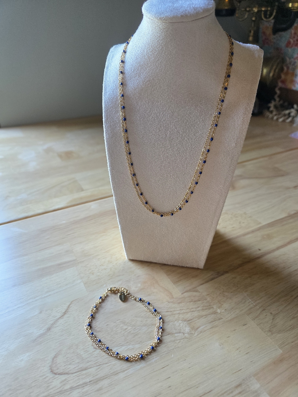 Plunder- Gold Chain Necklace and Bracelet Set with Blue Accents